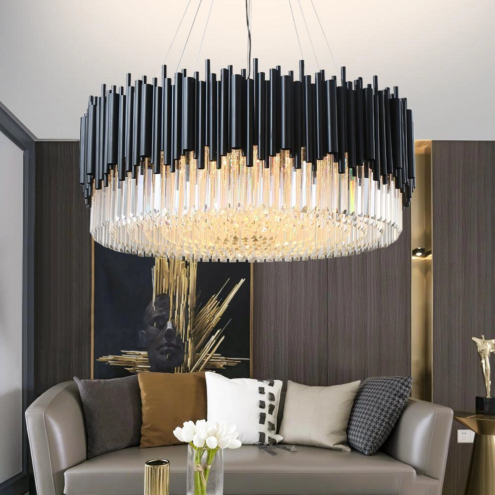 Modern Luxury LED Interior Design Round K9 Crystal Black Metal Living Room Decorative Chandelier Pendant Lamp