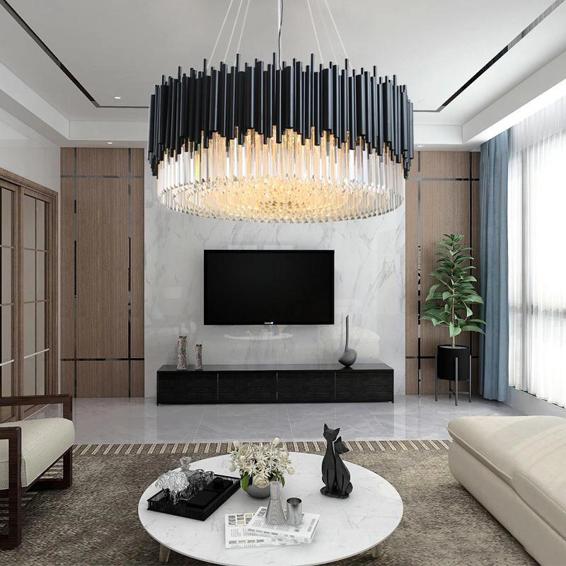 Modern Luxury LED Interior Design Round K9 Crystal Black Metal Living Room Decorative Chandelier Pendant Lamp